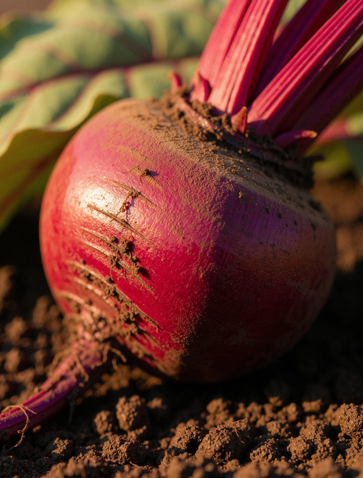 Sfeclă roșie proaspătă cu pământ, reflectând puritatea nutriției